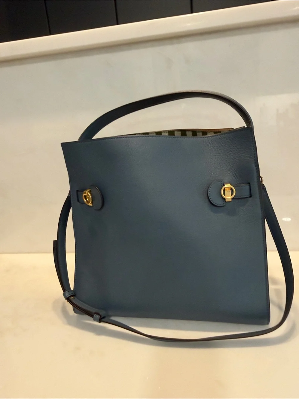 Tory Burch medium size “Lee Radziwill” Double Bag in blue leather. Pristine!